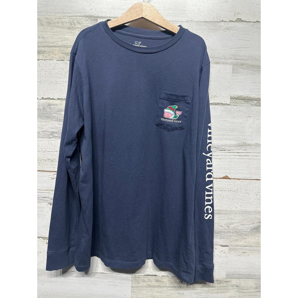 Vineyard Vines Long Sleeve Shirt Kids Size M 10-12 Navy Christmas Elf Whale EUC